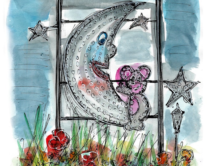 Mouse and moon with wildflowers print