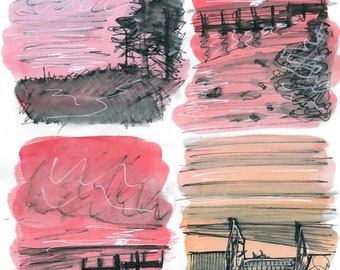 Quartet of Cleethorpes sunrise sketches A4 print