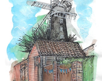 Waltham Windmill Print: Watercolor and Ink artist