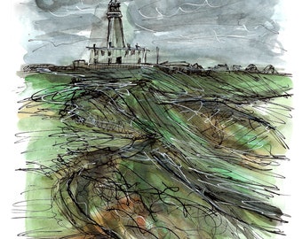 Flamborough Head lighthouse stormy skies print