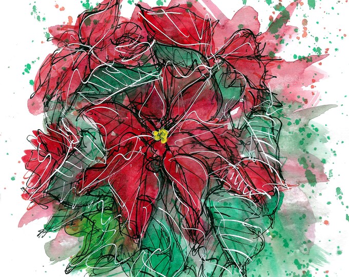 Poinsettia in ink an watercolour print