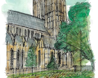 Lincoln cathedral from across its gardens print