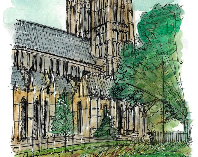 Lincoln cathedral from across its gardens print