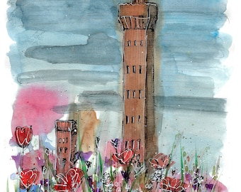 Dock tower with wildflowers print