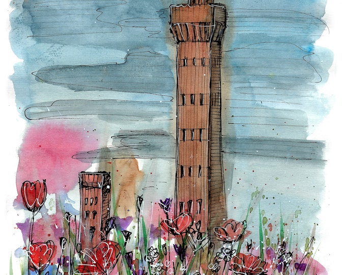 Dock tower with wildflowers print