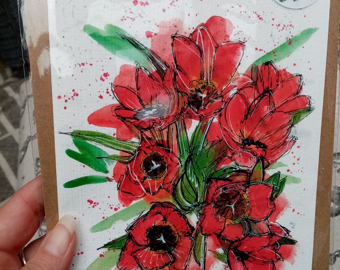 Handmade mothers day card - ruby-red tulips