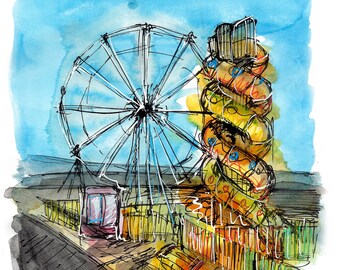 Fairground in winter sun print
