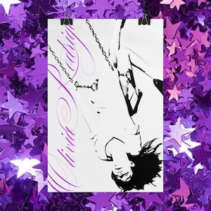 May include: A black and white poster featuring a high-contrast graphic of a person hanging upside down from a swing set chain. The text Olivia Rodrigo is printed in a large, flowing purple script vertically along the left side of the white background.