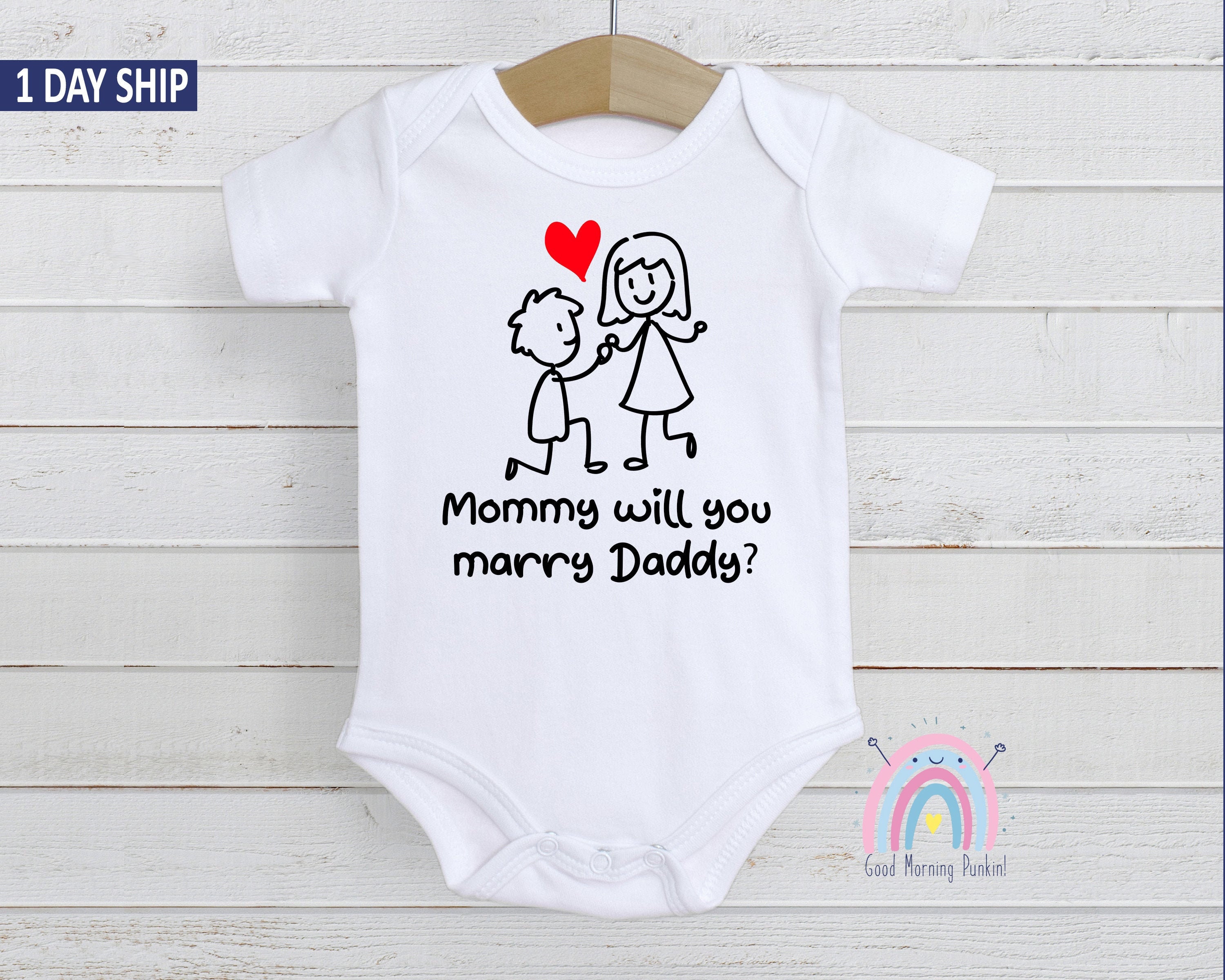 BABY BOY OR GIRL ENGAGEMENT GIFT ROMPER Rose Gold Mummy will you marry Daddy? 