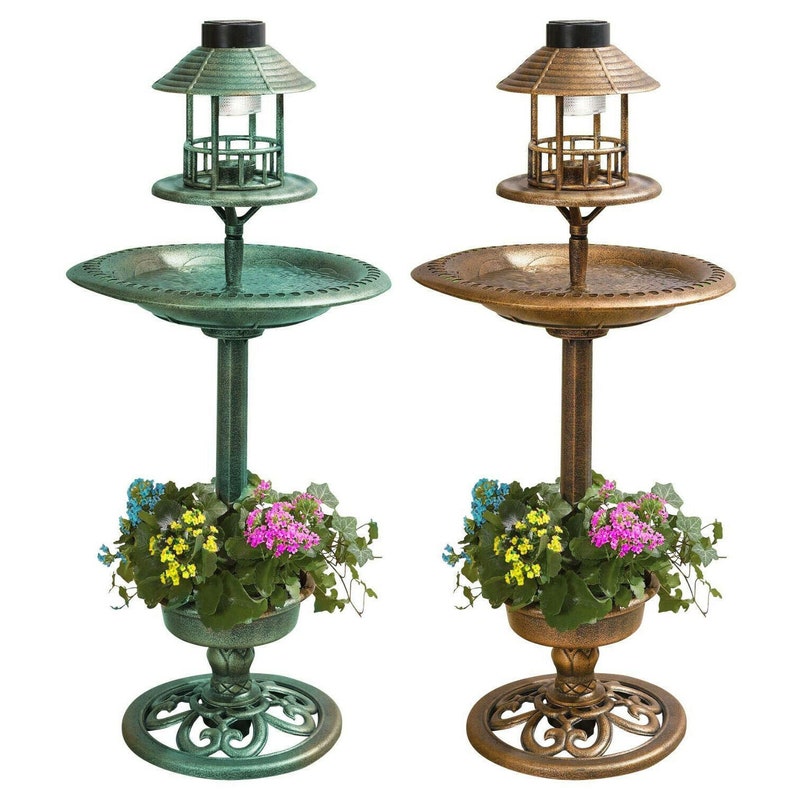 Bird Bath & Feeder With Solar Power Light Garden Ornamental Etsy