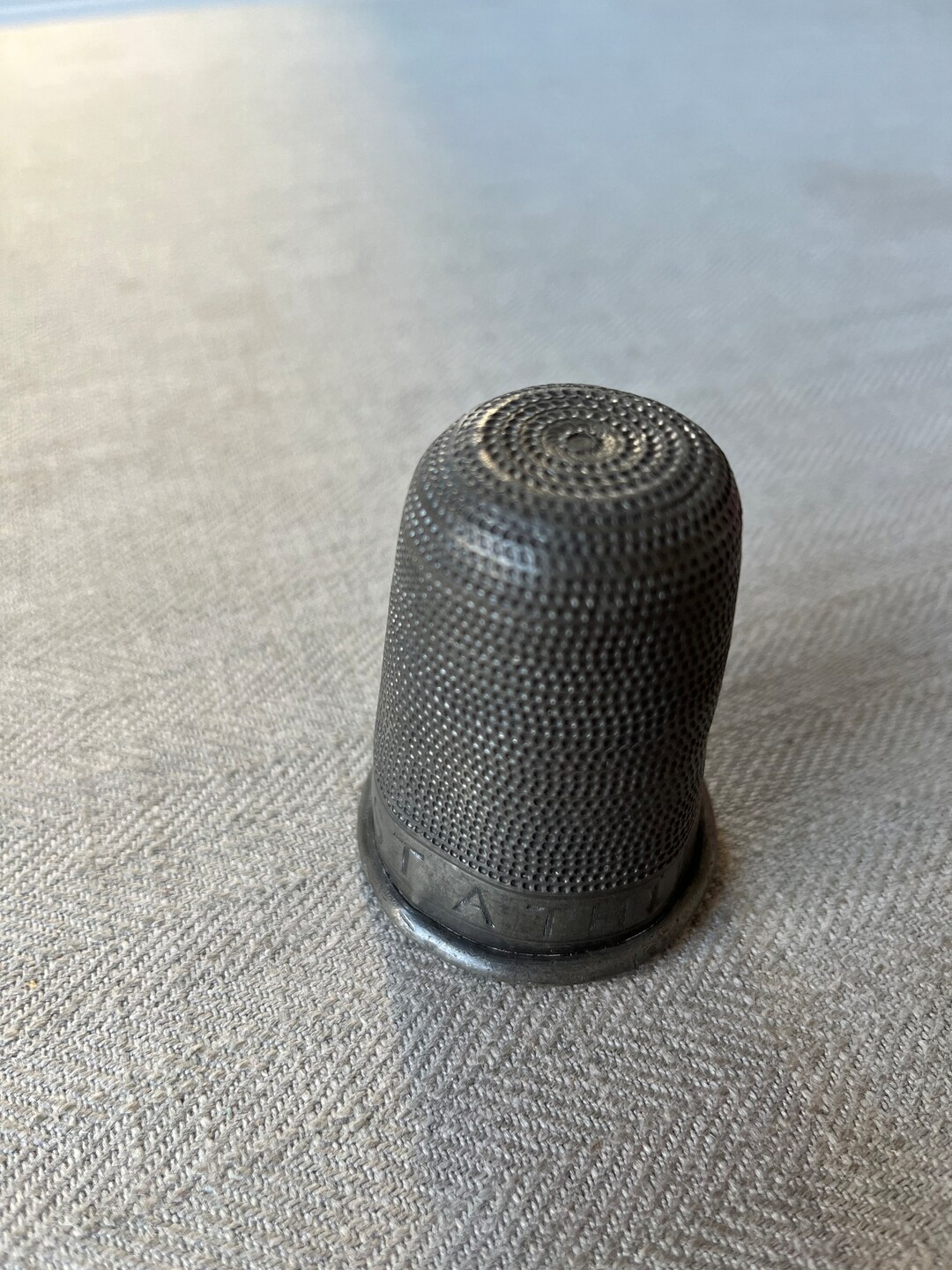 Vintage Large Pewter Thimble With the Words JUST A THIMBLE FULL Stamped
