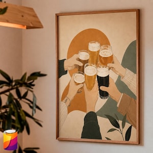 Könnte beinhalten: Ein gerahmter Kunstdruck, der mehrere Hände zeigt, die verschiedene Biergläser zu einem Toast erheben. Die Illustration besticht durch eine warme Farbpalette mit abstrakten Formen im Hintergrund und detaillierten Bierglasdarstellungen.