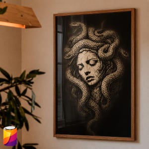 May include: A rectangular framed wall art print featuring a monochromatic illustration of a face with snakes for hair. The artwork uses dark, textured tones to depict the figure with closed eyes, surrounded by coiled, scaly serpents on a black background.