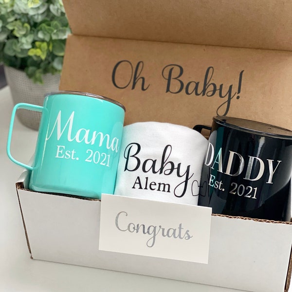 New Parent Gift Box, Baby Shower Gift, Personalized Gift, Baby Gift, Baby Onesie, Mama Mug, Daddy Mug, New Baby Gift