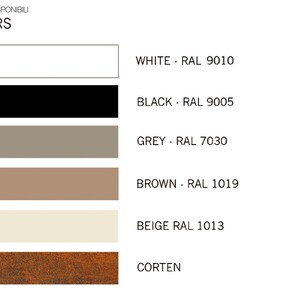 Puede incluir: Carta de colores que muestra seis colores de pintura disponibles para la compra. Los colores son blanco, negro, gris, marr&oacute;n, beige y corten.