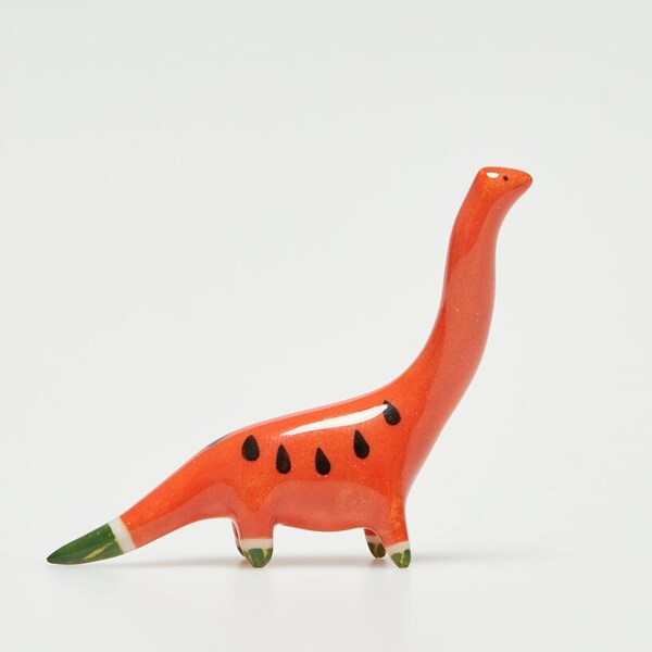 Little brachiosaurus in a watermelon colors, red dinosaur miniature  figurine, handmade from ceramic clay