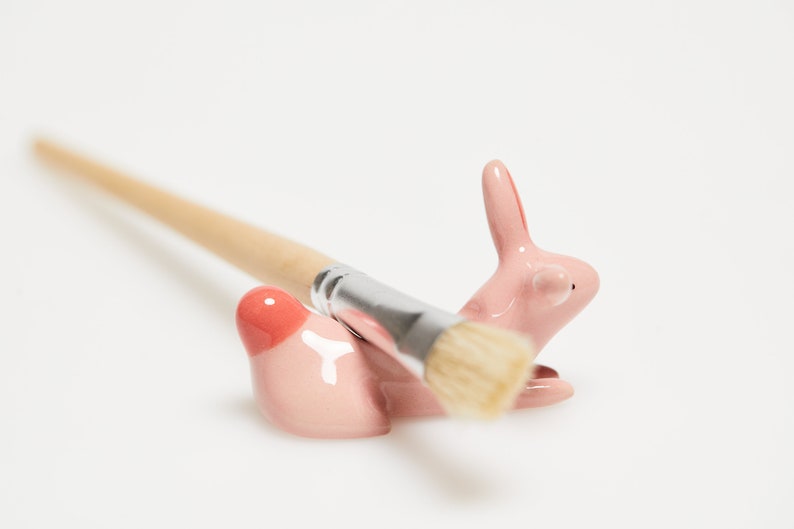 Cute ceramic bunny paint brush rest / Miniature rabbit sculpture / Handmade cute ceramics / Fox decoration / Clay art / pink brush rest image 1