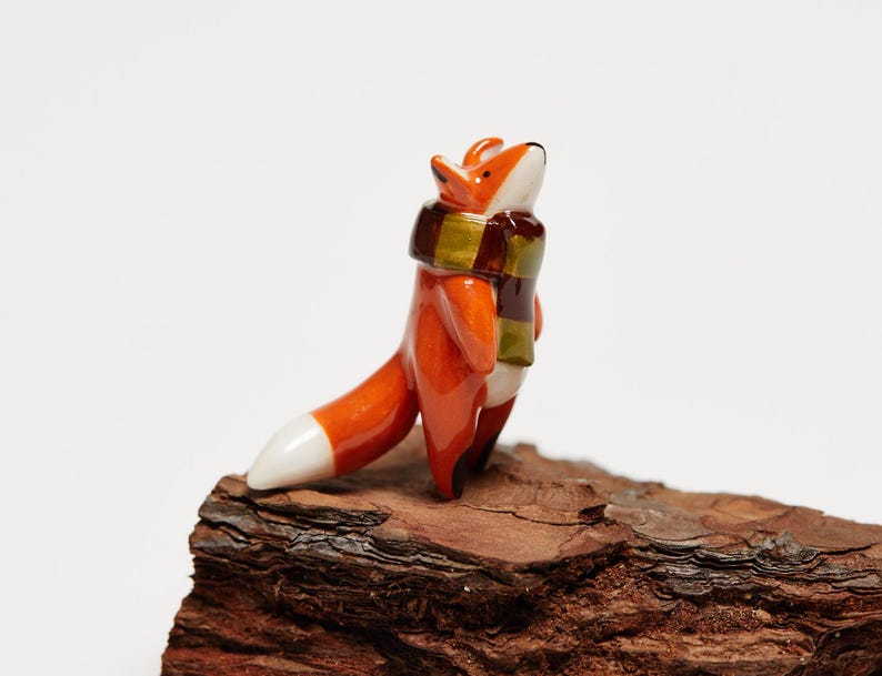 Adorable Ceramic Fox With a Scarf, Miniature Fox Sculpture, Handmade