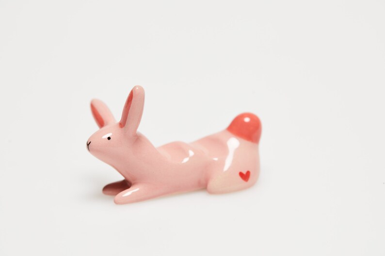 Cute ceramic bunny paint brush rest / Miniature rabbit sculpture / Handmade cute ceramics / Fox decoration / Clay art / pink brush rest image 3