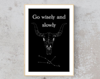 Taurus Astrology Zodiac Print (11x17) - Bull skull with Taurus constellation and Shakespeare quote