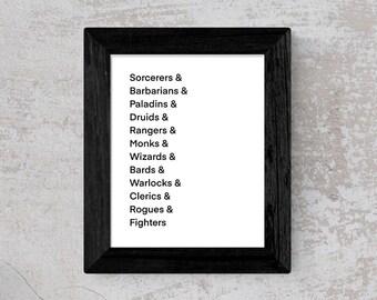 RPG Tabletop Classes Print | DND | D&D | Game Room Art | RPG Room Art
