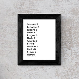 RPG Tabletop Classes Print | DND | D&D | Game Room Art | RPG Room Art