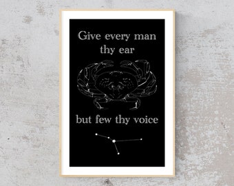 Cancer Astrology Zodiac Print (11x17) - Crab exoskeleton with Cancer constellation and Shakespeare quote