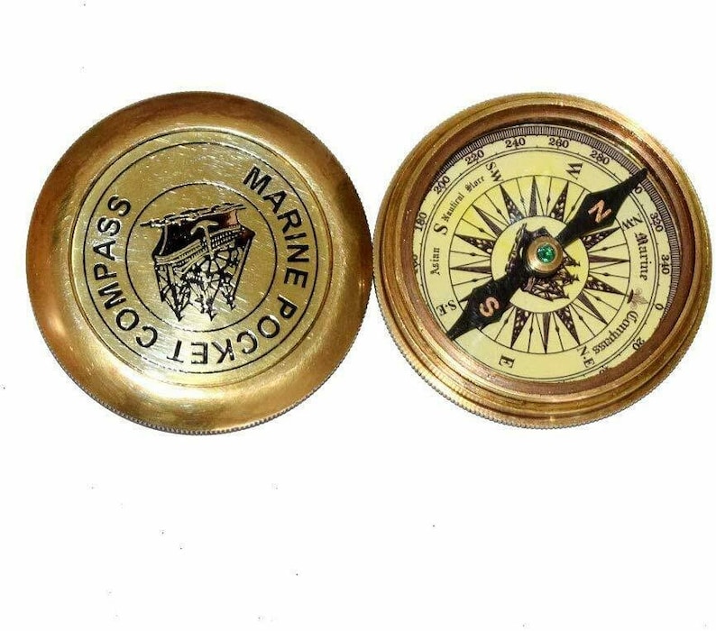 Antique Pocket Compass,Brass Nautical Compass wLeather Case Valentines Day Gift