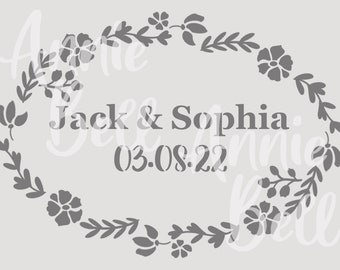 Personalised floral wreath names date wedding Stencil 190 Micron Mylar