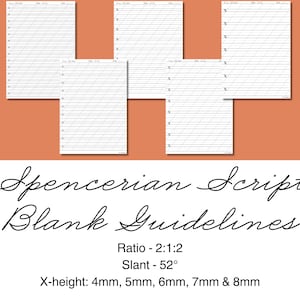 May include: White blank guidelines for Spencerian script calligraphy practice. The image shows several sheets of paper with angled lines and 'X' marks, with the text 'Spencerian Script Blank Guidelines'. The ratio is 2:1:2, slant 52°, and X-heights are 4mm, 5mm, 6mm, 7mm, and 8mm.