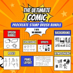 May include: An orange and yellow graphic promoting a Procreate stamp brush bundle for comics. The text reads "The Ultimate Comic" and "Procreate Stamp Brush Bundle." The bundle includes 7 sets and 185 brushes, with categories like speech bubbles, poses, and backgrounds.