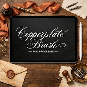 May include: A digital tablet displays the words "Copperplate Brush for Procreate" in elegant white script. The tablet is surrounded by calligraphy tools, including ink, pens, and a stylus, all arranged on a wooden surface with a vintage aesthetic.