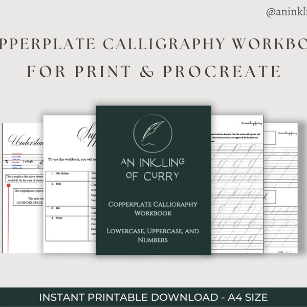 Printable Copperplate Calligraphy Workbook PDF| Calligraphy for beginners Procreate|  Procreate brush pack for calligraphy