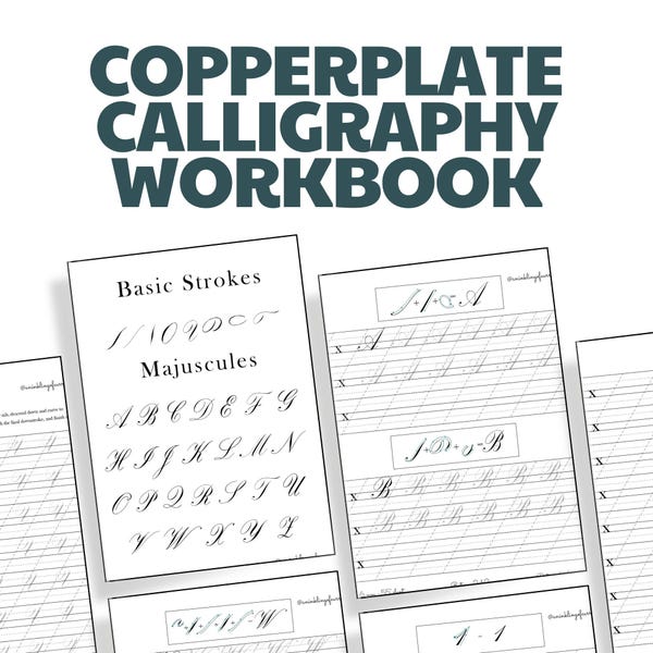 Folhas de Prática de Caligrafia Copperplate | Caderno de Exercícios em PDF para Imprimir | Guia para Caneta Pontiaguda | Letras Maiúsculas e Minúsculas | Números
