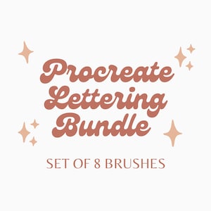 May include: Procreate Lettering Bundle, a set of 8 brushes for digital lettering. The text is in a retro, 70s style font with a peachy-pink color. The image includes small, peachy-pink stars.