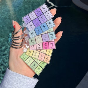 May include: A set of colorful keychains featuring the periodic table elements. Each keychain is a square with a different color and features the element's symbol, name, and atomic weight. The keychains are arranged in a stack, with the top keychain showing the element "Me" for "Molybdenum".