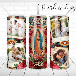 Marco de cuadros sin costuras Vaso virgen María PNG diseño mexicano Nuestra Señora de Guadalupe con flor Vaso delgado de 20 oz Envoltura digital RECTA