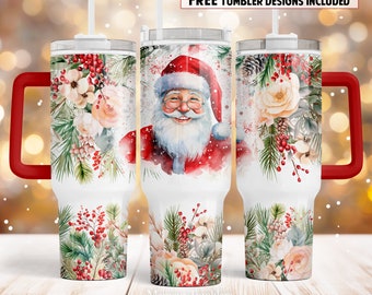 Santa 40oz Quencher tumbler sublimation design Christmas Flowers pine tree digital PNG wrap Waterslide download