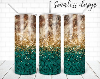 SEAMLESS cowhide and teal tooled leather tumbler PNG design Western glitter 20 oz skinny tumbler STRAIGHT digital wrap