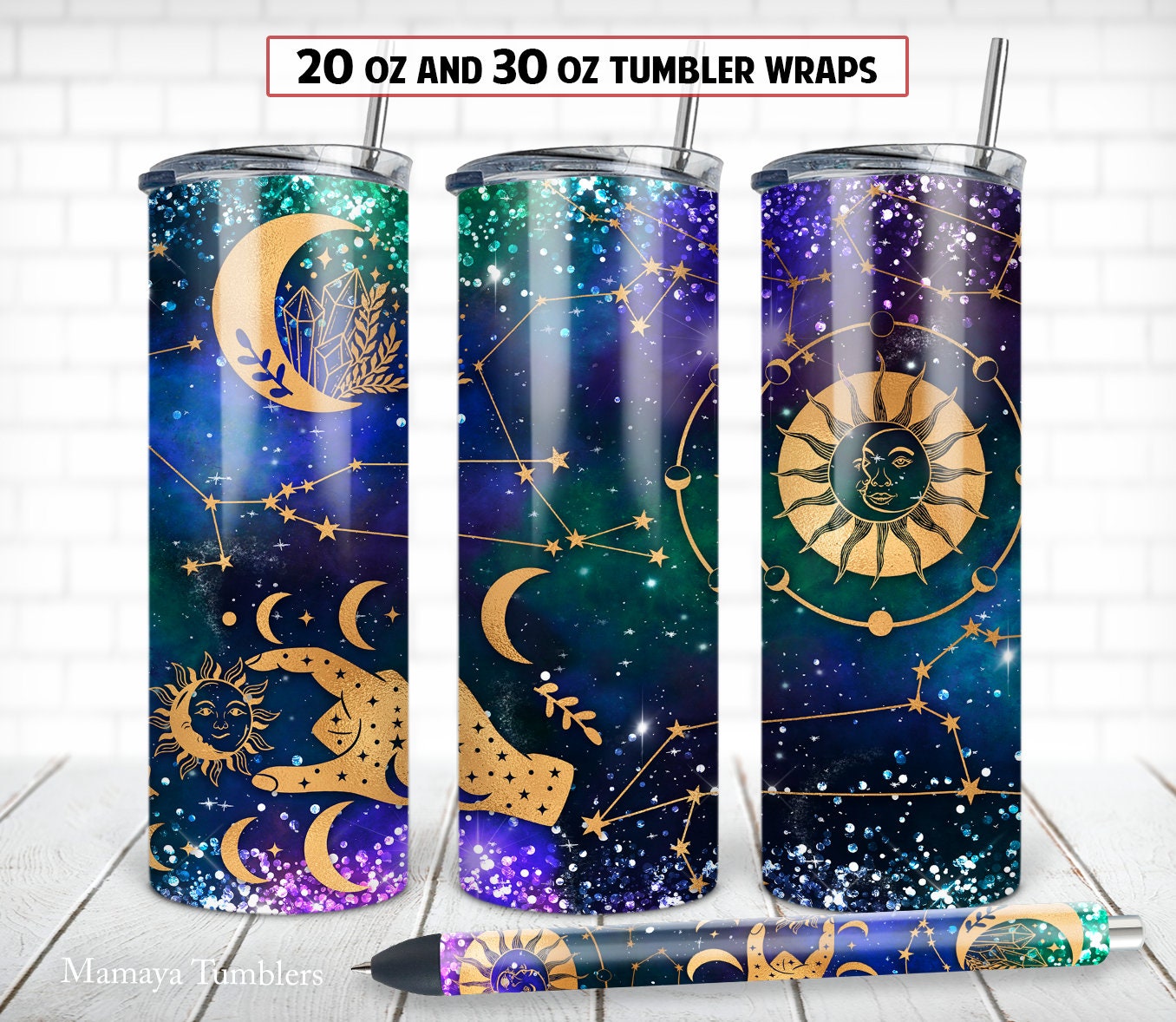 20 Oz Skinny Tumbler Sublimation Design Boho Galaxy Moon and Sun ...