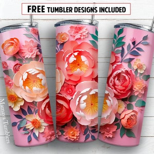 3D flowers 20 oz skinny tumbler sublimation design Peonies Floral Seamless digital PNG Straight wrap Waterslide download