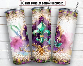 Fleur de lis 20oz skinny tumbler sublimation design Mardi gras Leopard glitter digital PNG Straight wrap Waterslide download