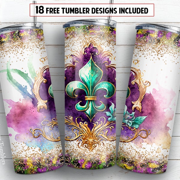 Fleur de lis 20oz skinny tumbler sublimation design Mardi gras Leopard glitter digital PNG Straight wrap Waterslide download