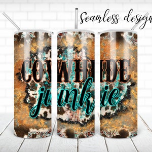 SEAMLESS cowhide junkie tumbler PNG design Cow print turquoise 20 oz skinny tumbler STRAIGHT digital wrap