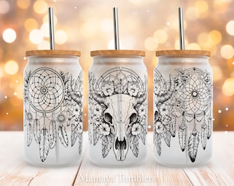 Boho cow skull 16oz glass can sublimation design Dreamcatcher Flowers Glass can wrap PNG wrap download