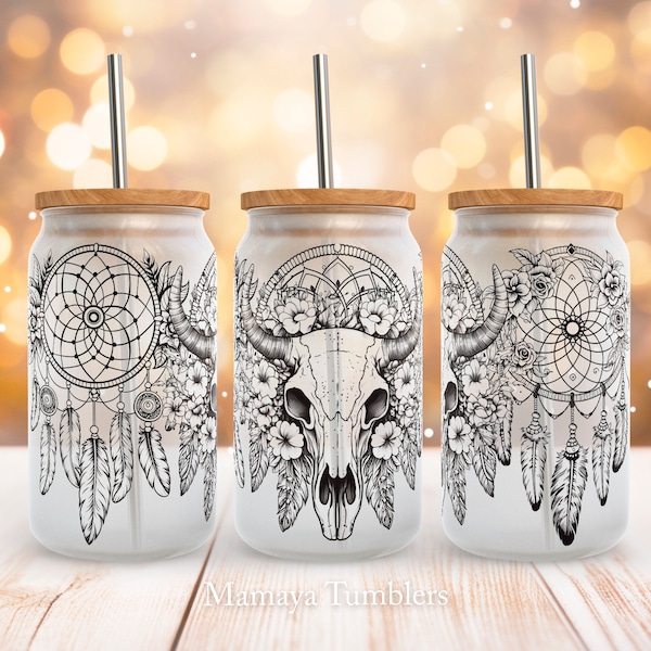 Boho cow skull 16oz glass can sublimation design Dreamcatcher Flowers Glass can wrap PNG wrap download