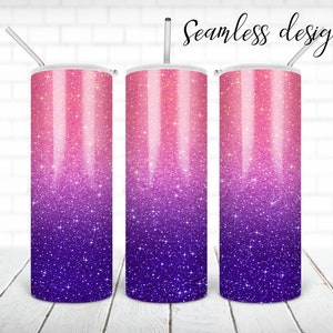 May include: Three stainless steel tumblers with a pink to purple ombre glitter design. The tumblers are shown with clear straws. Seamless design.