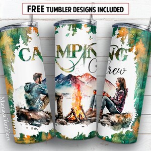 Camping crew 20 oz skinny tumbler sublimation design Mountain landscape Couple campers Fire digital PNG Straight wrap Waterslide download