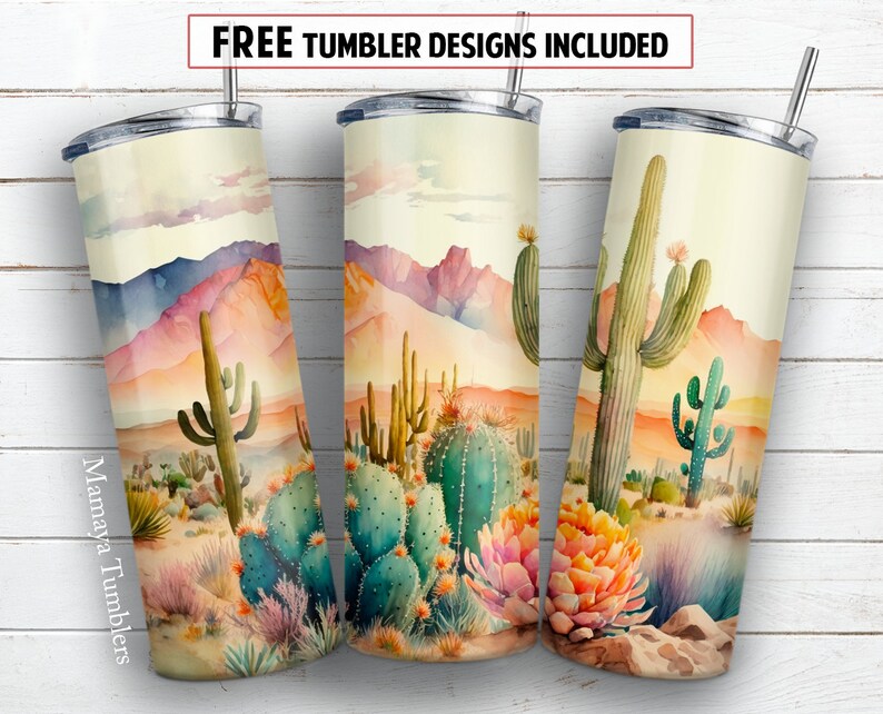 Cactus 20 Oz Skinny Tumbler Sublimation Design Watercolor Desert ...