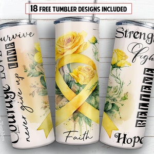Awareness 20oz skinny tumbler sublimation design Childhood cancer Yellow ribbon rose Floral digital PNG Straight wrap Waterslide download